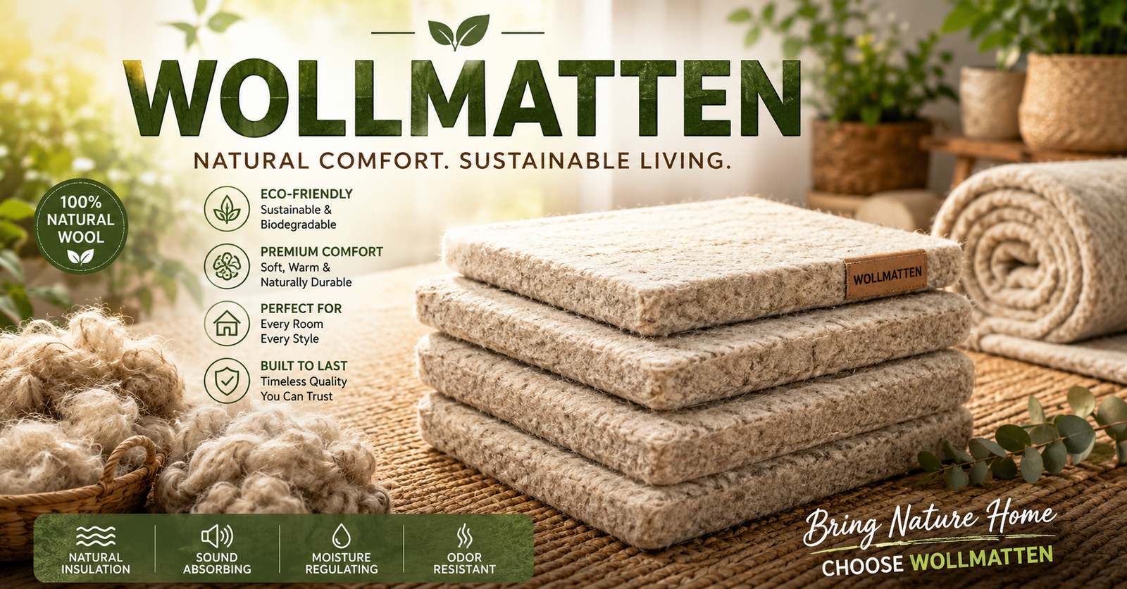 Stacked Wollmatten wool mats in a cozy eco-friendly home setting with natural décor