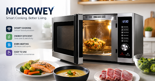 Modern Microwey smart microwave oven with intelligent cooking features and fresh food ingredients on a kitchen counter