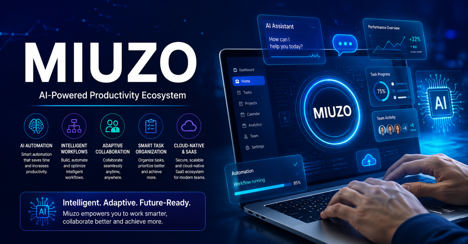 Futuristic Miuzo AI platform dashboard with cloud collaboration, smart workflows, automation tools, and digital productivity technology.