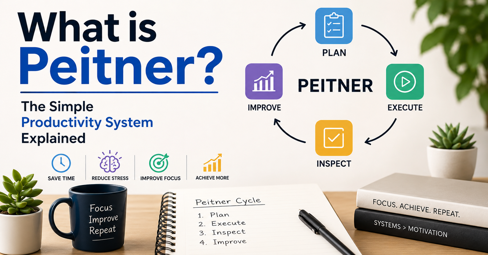 Peitner simple productivity system illustration with plan think execute and inspect workflow
