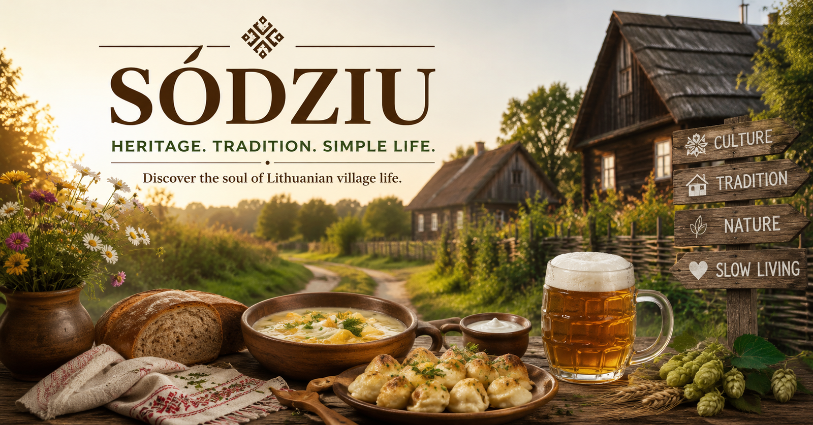 Traditional Sodziu countryside scene with rustic wooden houses, Lithuanian food, beer, and cultural village atmosphere.