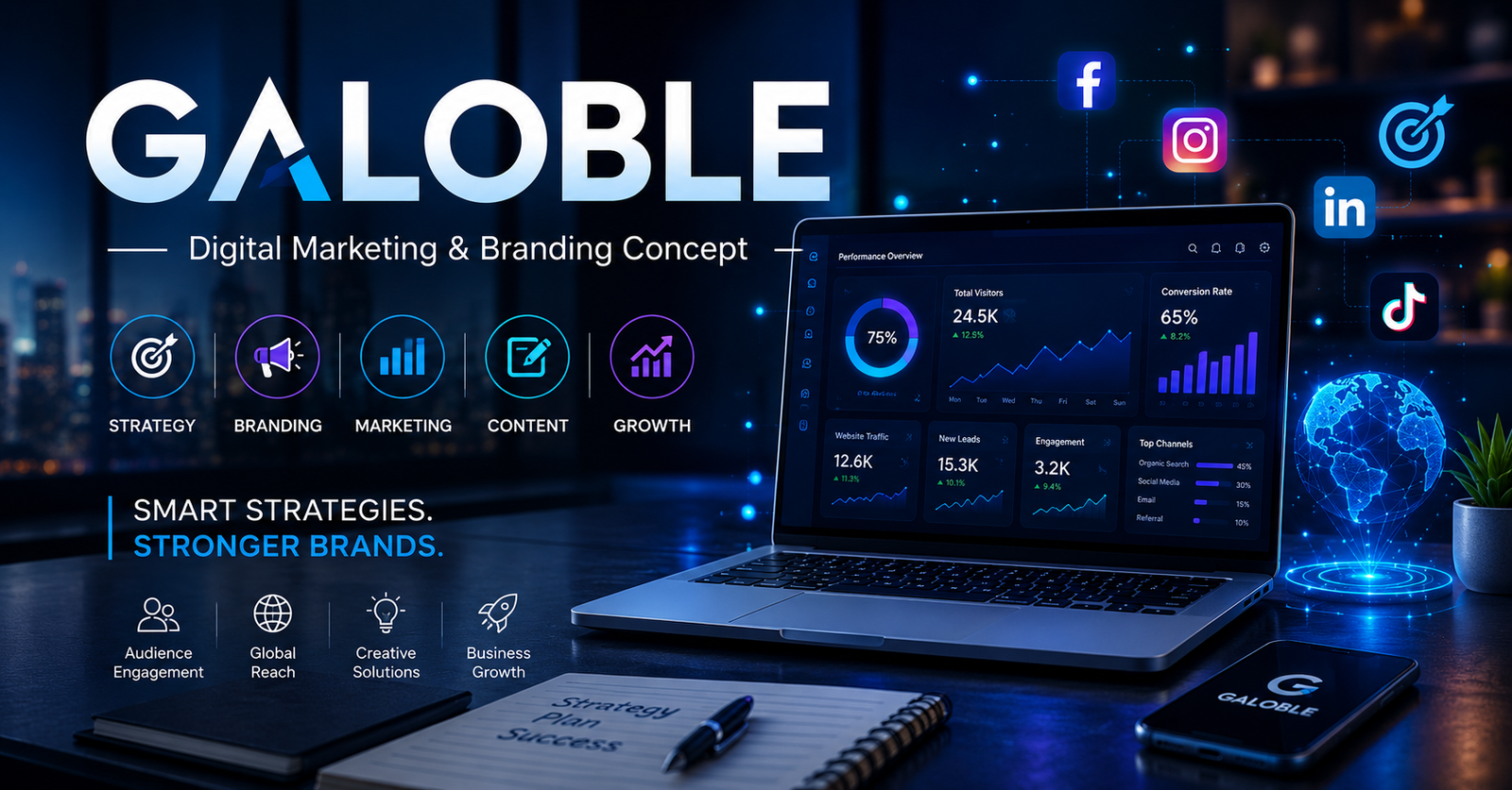 Modern Galoble digital marketing dashboard showing SEO analytics, branding data, and online business growth tools
