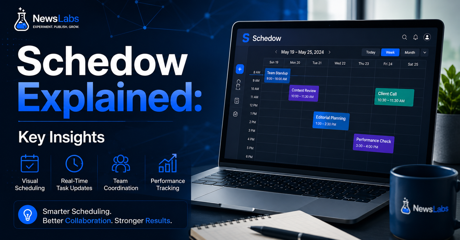Laptop displaying the Schedow productivity dashboard with scheduling calendar, task management tools, and workflow tracking features.