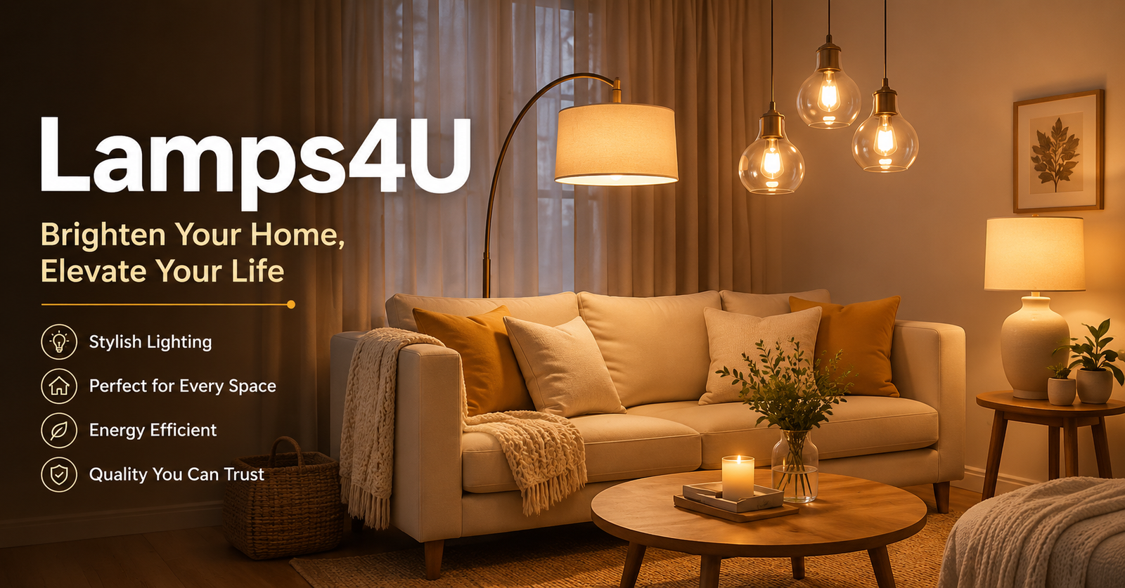 Modern living room with elegant Lamps4U lighting fixtures and warm interior home décor