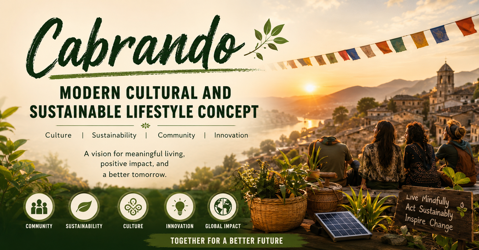 People enjoying a sustainable community lifestyle in a scenic countryside landscape representing Cabrando’s values of culture, sustainability, innovation, and social connection.