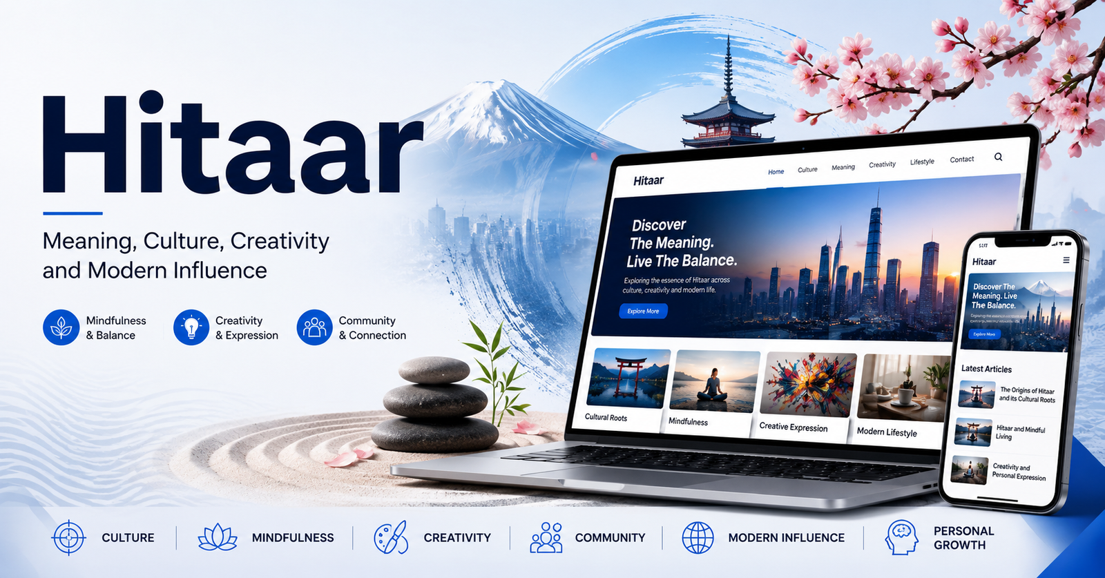 Modern Hitaar digital banner featuring Japanese-inspired design elements, mindfulness themes, creativity, and modern technology devices.