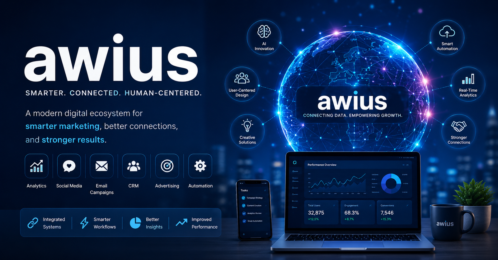 Futuristic Awius digital marketing and AI technology dashboard with connected smart systems and analytics.