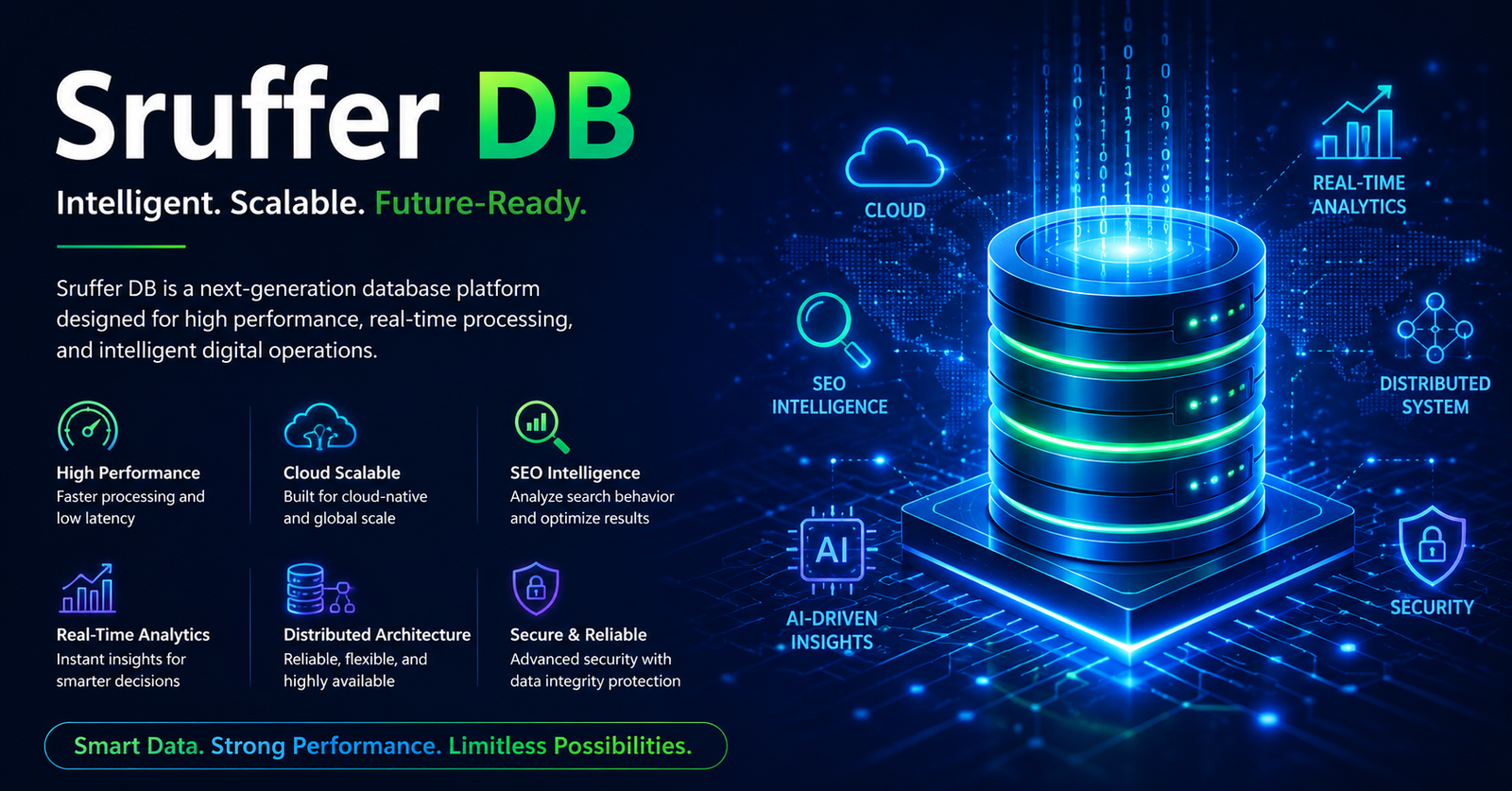 Futuristic illustration of Sruffer DB showing cloud integration, real-time analytics, SEO intelligence, AI-driven insights, and distributed database architecture.