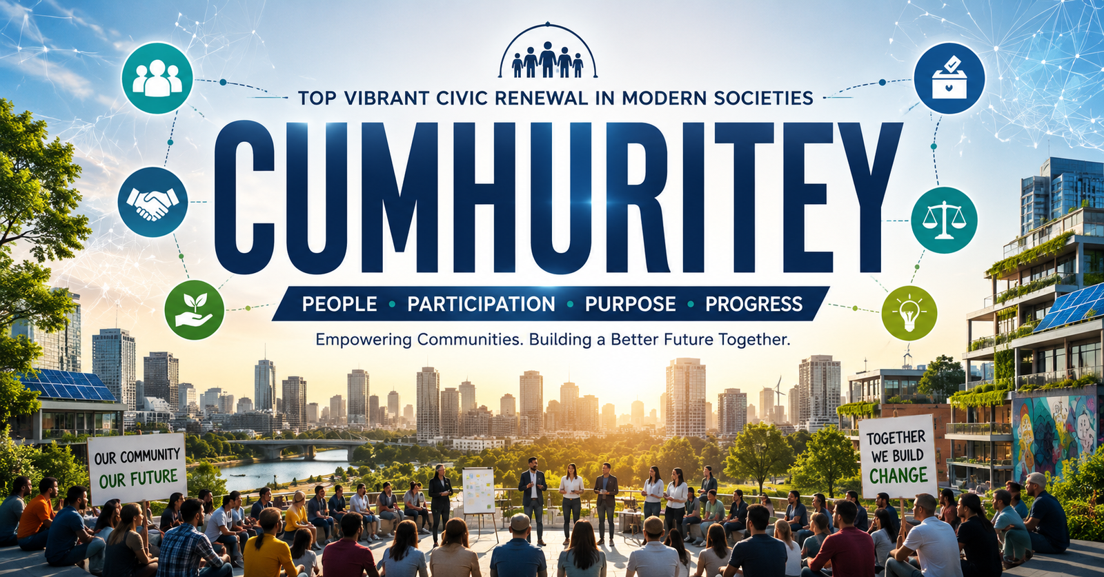 Citizens gathering in front of a government building representing civic participation, democracy, and the Cumhuritey movement